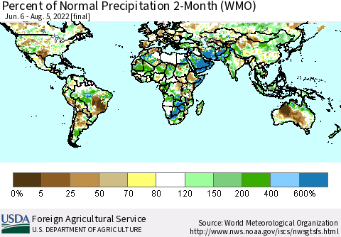 World Percent of Normal Precipitation 2-Month (WMO) Thematic Map For 6/6/2022 - 8/5/2022