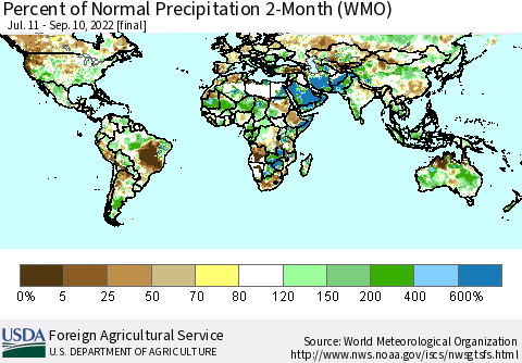 World Percent of Normal Precipitation 2-Month (WMO) Thematic Map For 7/11/2022 - 9/10/2022