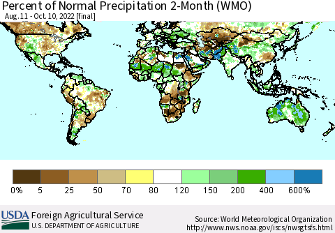 World Percent of Normal Precipitation 2-Month (WMO) Thematic Map For 8/11/2022 - 10/10/2022