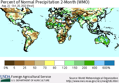 World Percent of Normal Precipitation 2-Month (WMO) Thematic Map For 8/21/2022 - 10/20/2022