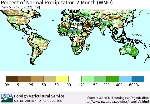 World Percent of Normal Precipitation 2-Month (WMO) Thematic Map For 9/6/2022 - 11/5/2022