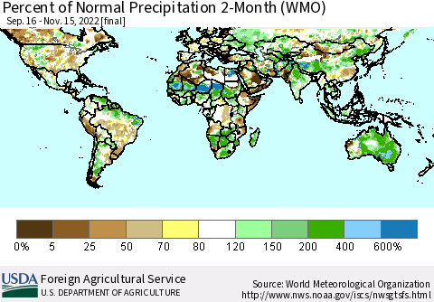World Percent of Normal Precipitation 2-Month (WMO) Thematic Map For 9/16/2022 - 11/15/2022