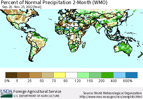 World Percent of Normal Precipitation 2-Month (WMO) Thematic Map For 9/26/2022 - 11/25/2022