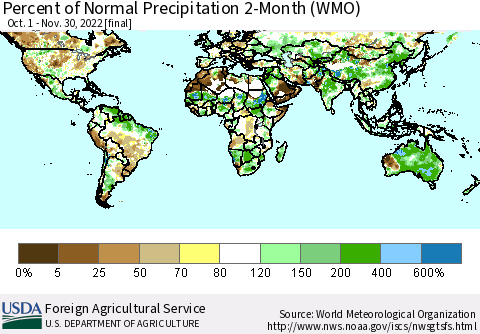 World Percent of Normal Precipitation 2-Month (WMO) Thematic Map For 10/1/2022 - 11/30/2022