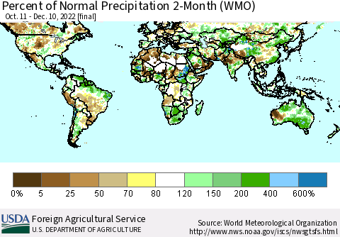 World Percent of Normal Precipitation 2-Month (WMO) Thematic Map For 10/11/2022 - 12/10/2022