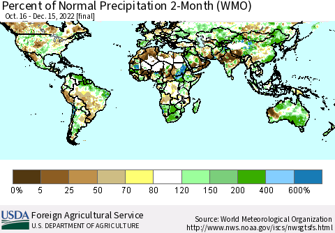 World Percent of Normal Precipitation 2-Month (WMO) Thematic Map For 10/16/2022 - 12/15/2022