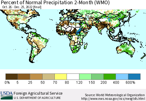 World Percent of Normal Precipitation 2-Month (WMO) Thematic Map For 10/26/2022 - 12/25/2022
