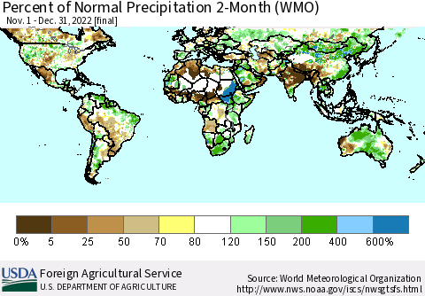 World Percent of Normal Precipitation 2-Month (WMO) Thematic Map For 11/1/2022 - 12/31/2022