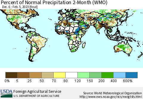 World Percent of Normal Precipitation 2-Month (WMO) Thematic Map For 12/6/2022 - 2/5/2023