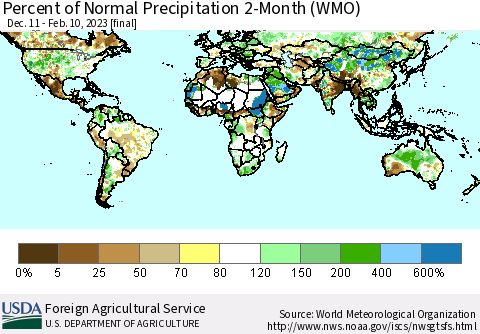 World Percent of Normal Precipitation 2-Month (WMO) Thematic Map For 12/11/2022 - 2/10/2023