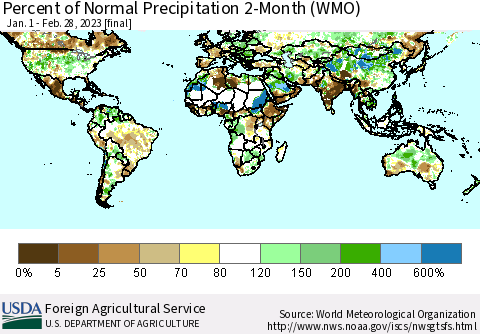 World Percent of Normal Precipitation 2-Month (WMO) Thematic Map For 1/1/2023 - 2/28/2023