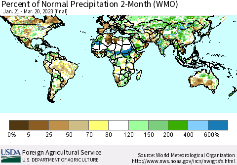 World Percent of Normal Precipitation 2-Month (WMO) Thematic Map For 1/21/2023 - 3/20/2023