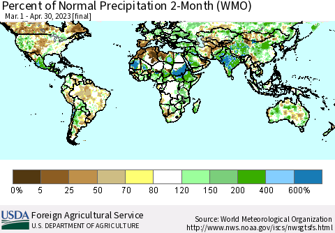 World Percent of Normal Precipitation 2-Month (WMO) Thematic Map For 3/1/2023 - 4/30/2023