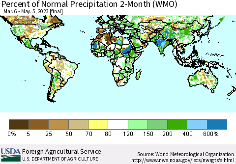 World Percent of Normal Precipitation 2-Month (WMO) Thematic Map For 3/6/2023 - 5/5/2023