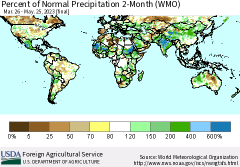 World Percent of Normal Precipitation 2-Month (WMO) Thematic Map For 3/26/2023 - 5/25/2023