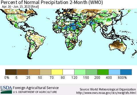 World Percent of Normal Precipitation 2-Month (WMO) Thematic Map For 4/16/2023 - 6/15/2023