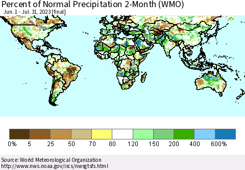 World Percent of Normal Precipitation 2-Month (WMO) Thematic Map For 6/1/2023 - 7/31/2023