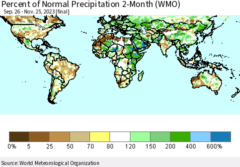 World Percent of Normal Precipitation 2-Month (WMO) Thematic Map For 9/26/2023 - 11/25/2023