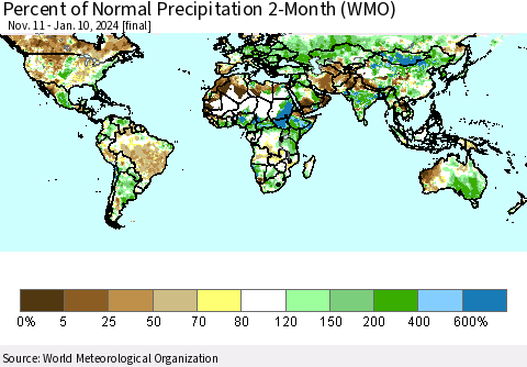 World Percent of Normal Precipitation 2-Month (WMO) Thematic Map For 11/11/2023 - 1/10/2024