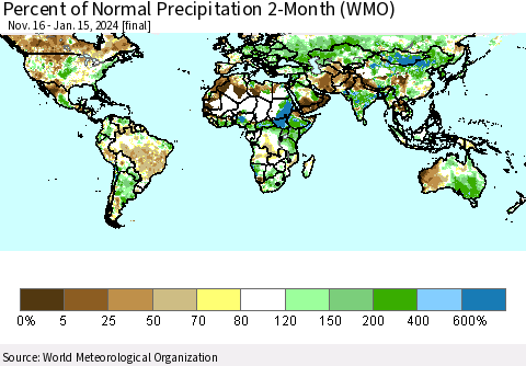 World Percent of Normal Precipitation 2-Month (WMO) Thematic Map For 11/16/2023 - 1/15/2024