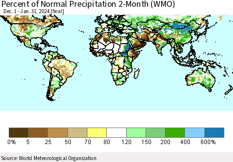 World Percent of Normal Precipitation 2-Month (WMO) Thematic Map For 12/1/2023 - 1/31/2024