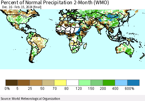 World Percent of Normal Precipitation 2-Month (WMO) Thematic Map For 12/16/2023 - 2/15/2024