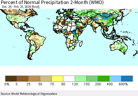 World Percent of Normal Precipitation 2-Month (WMO) Thematic Map For 12/26/2023 - 2/25/2024