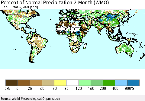 World Percent of Normal Precipitation 2-Month (WMO) Thematic Map For 1/6/2024 - 3/5/2024