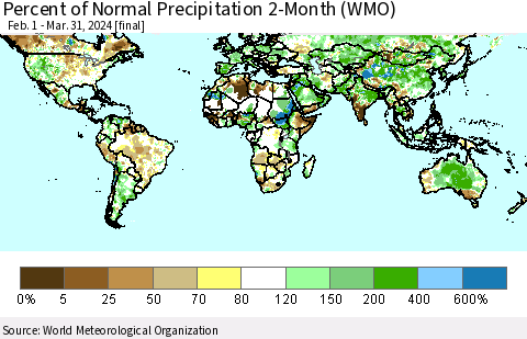World Percent of Normal Precipitation 2-Month (WMO) Thematic Map For 2/1/2024 - 3/31/2024