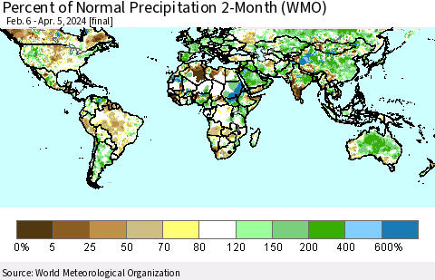 World Percent of Normal Precipitation 2-Month (WMO) Thematic Map For 2/6/2024 - 4/5/2024