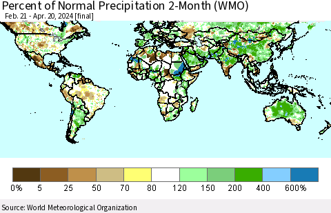 World Percent of Normal Precipitation 2-Month (WMO) Thematic Map For 2/21/2024 - 4/20/2024