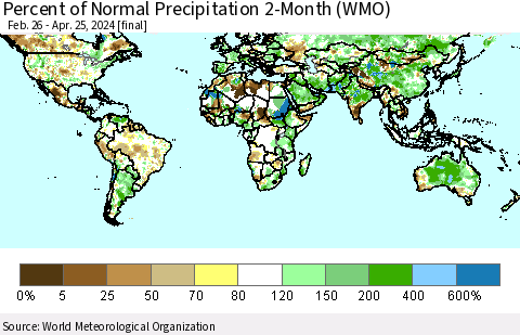World Percent of Normal Precipitation 2-Month (WMO) Thematic Map For 2/26/2024 - 4/25/2024