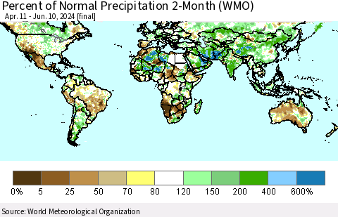 World Percent of Normal Precipitation 2-Month (WMO) Thematic Map For 4/11/2024 - 6/10/2024