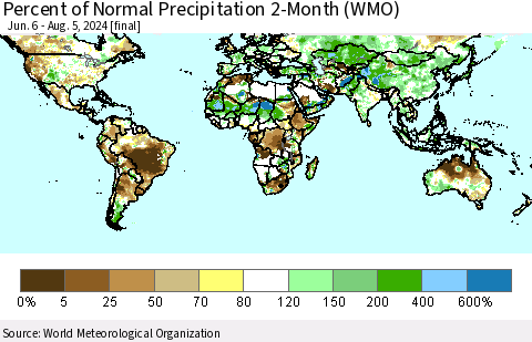 World Percent of Normal Precipitation 2-Month (WMO) Thematic Map For 6/6/2024 - 8/5/2024