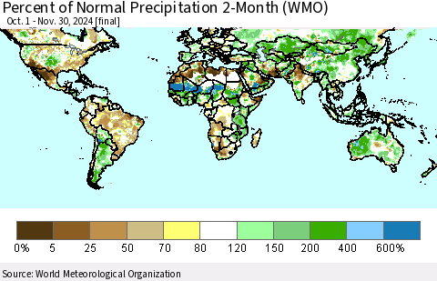 World Percent of Normal Precipitation 2-Month (WMO) Thematic Map For 10/1/2024 - 11/30/2024