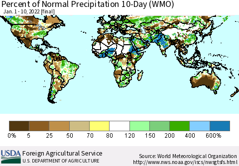 World Percent of Normal Precipitation 10-Day (WMO) Thematic Map For 1/1/2022 - 1/10/2022