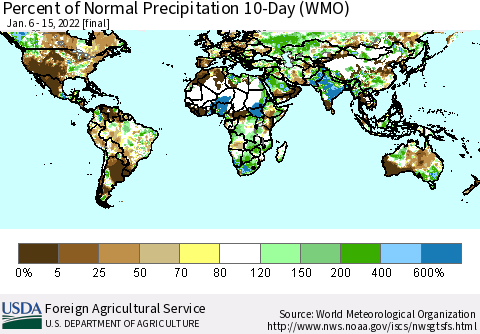 World Percent of Normal Precipitation 10-Day (WMO) Thematic Map For 1/6/2022 - 1/15/2022