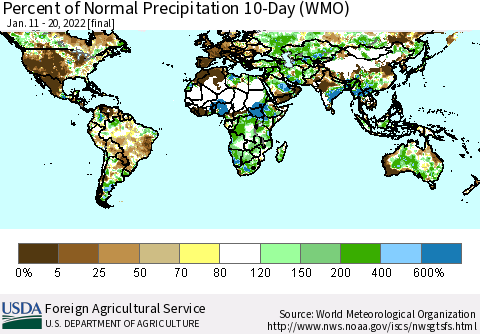 World Percent of Normal Precipitation 10-Day (WMO) Thematic Map For 1/11/2022 - 1/20/2022