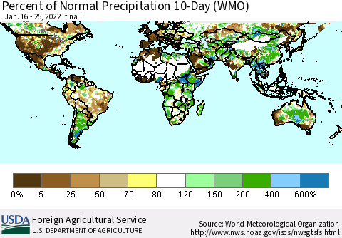 World Percent of Normal Precipitation 10-Day (WMO) Thematic Map For 1/16/2022 - 1/25/2022