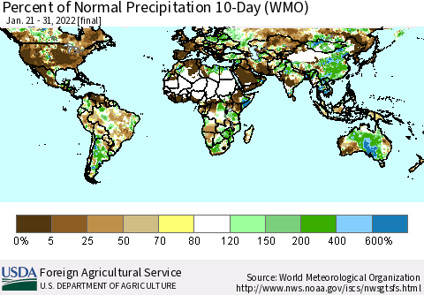 World Percent of Normal Precipitation 10-Day (WMO) Thematic Map For 1/21/2022 - 1/31/2022