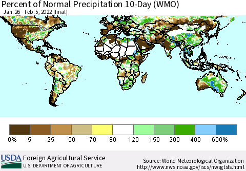 World Percent of Normal Precipitation 10-Day (WMO) Thematic Map For 1/26/2022 - 2/5/2022