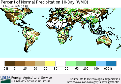 World Percent of Normal Precipitation 10-Day (WMO) Thematic Map For 2/1/2022 - 2/10/2022