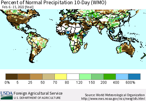 World Percent of Normal Precipitation 10-Day (WMO) Thematic Map For 2/6/2022 - 2/15/2022