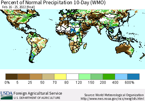 World Percent of Normal Precipitation 10-Day (WMO) Thematic Map For 2/16/2022 - 2/25/2022