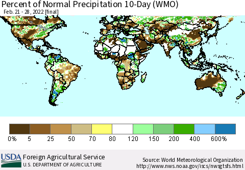 World Percent of Normal Precipitation 10-Day (WMO) Thematic Map For 2/21/2022 - 2/28/2022