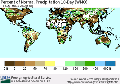 World Percent of Normal Precipitation 10-Day (WMO) Thematic Map For 2/26/2022 - 3/5/2022