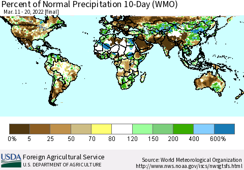 World Percent of Normal Precipitation 10-Day (WMO) Thematic Map For 3/11/2022 - 3/20/2022