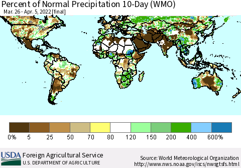 World Percent of Normal Precipitation 10-Day (WMO) Thematic Map For 3/26/2022 - 4/5/2022