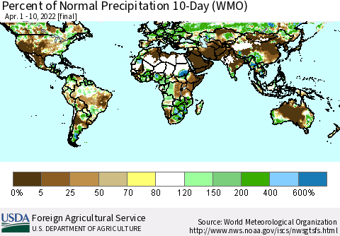 World Percent of Normal Precipitation 10-Day (WMO) Thematic Map For 4/1/2022 - 4/10/2022