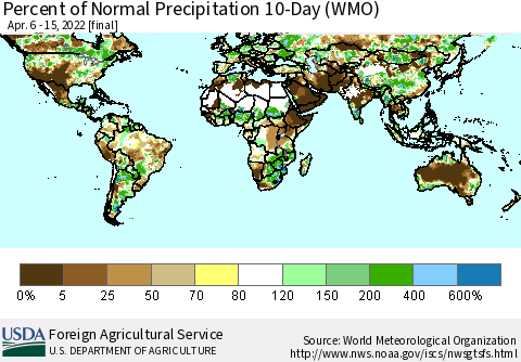 World Percent of Normal Precipitation 10-Day (WMO) Thematic Map For 4/6/2022 - 4/15/2022